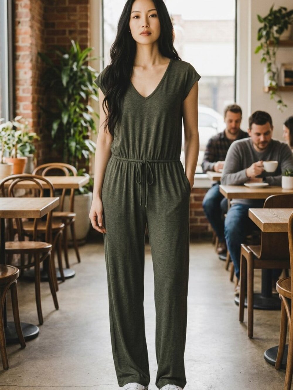 Cap-Sleeve Olive Green Keyhole Jumpsuit with Waist Tie by Summer and Sage